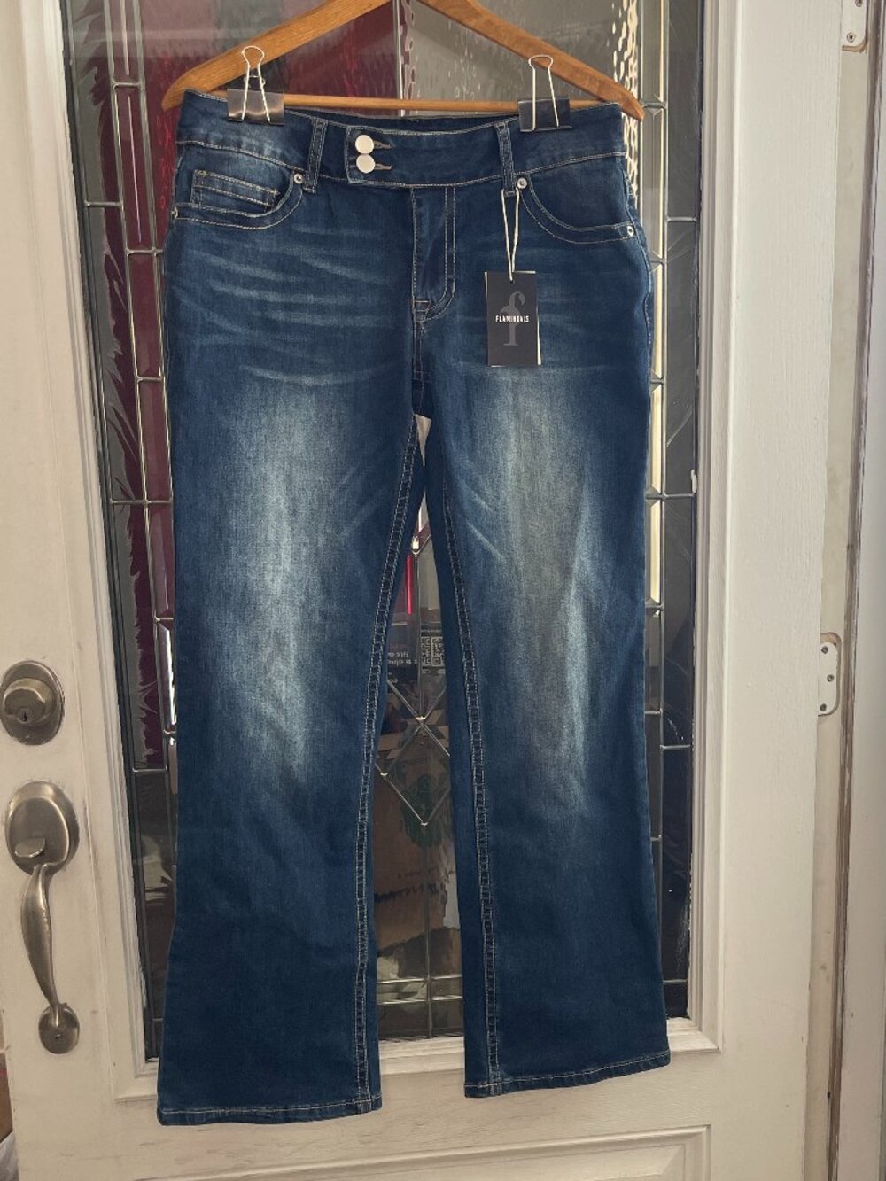 Flamingals Bootcut Jeans Stretch Decorative Embroidering Back Pockets Flaps Sz L